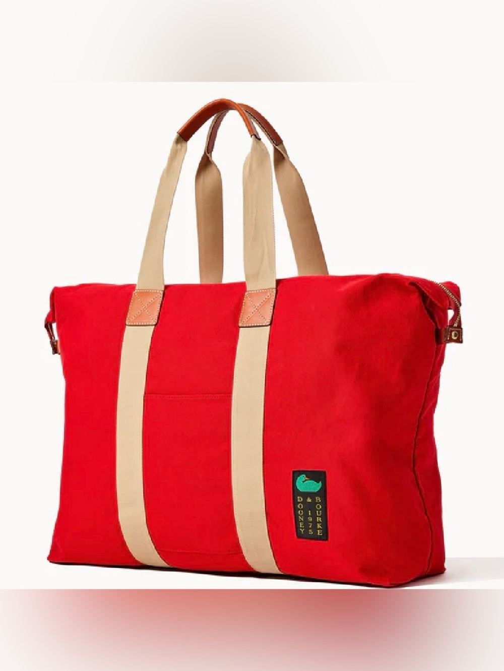 Dooney & Bourke Red Canvas Duffel with Beige Straps